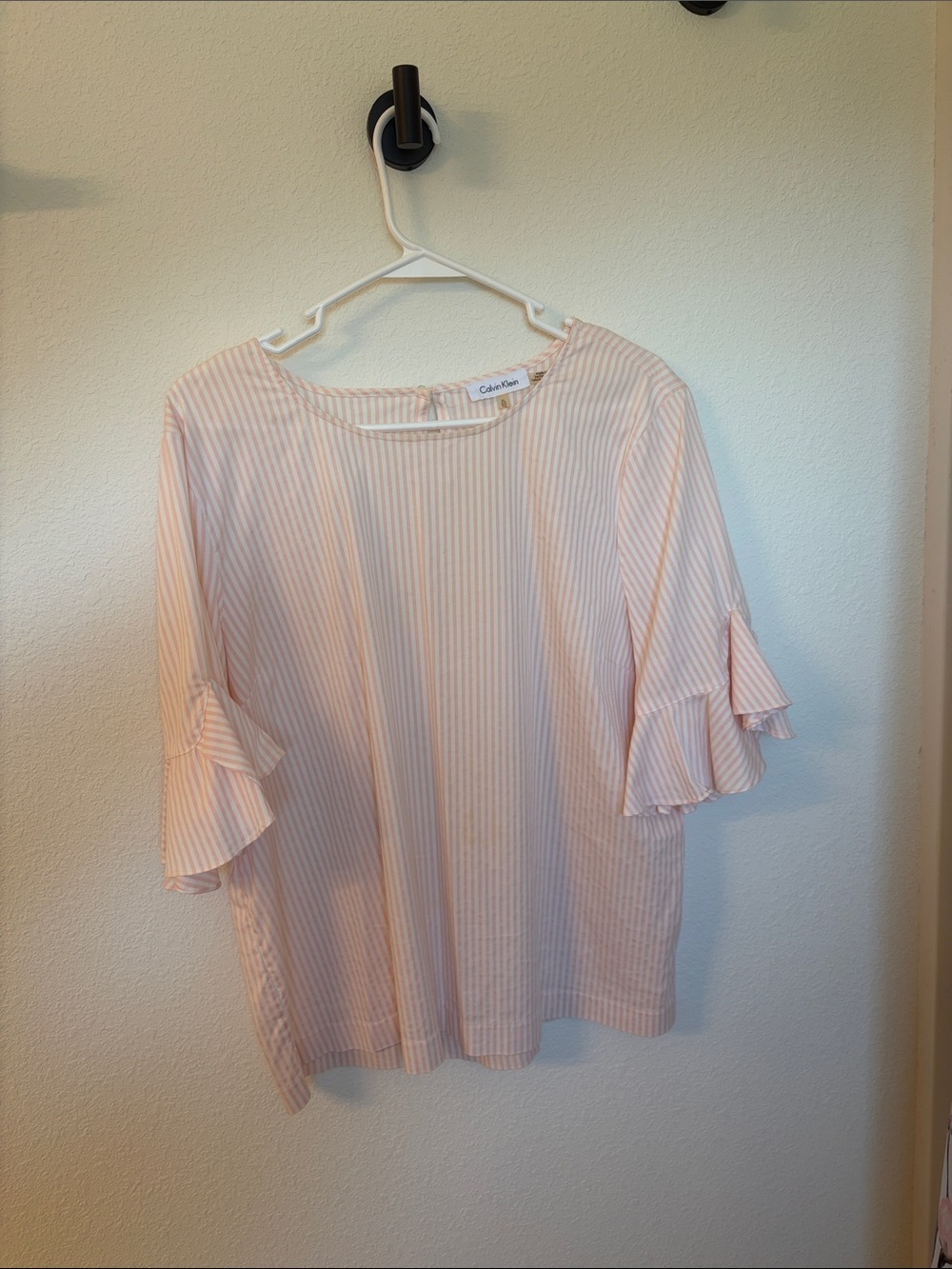 Calvin Klein Pink & White Striped Ruffle-Sleeve Blouse